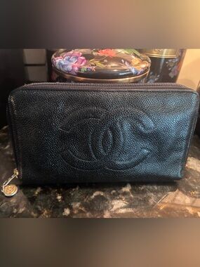 CHANEL Black Quilted Caviar Leather Zip-Around Wallet